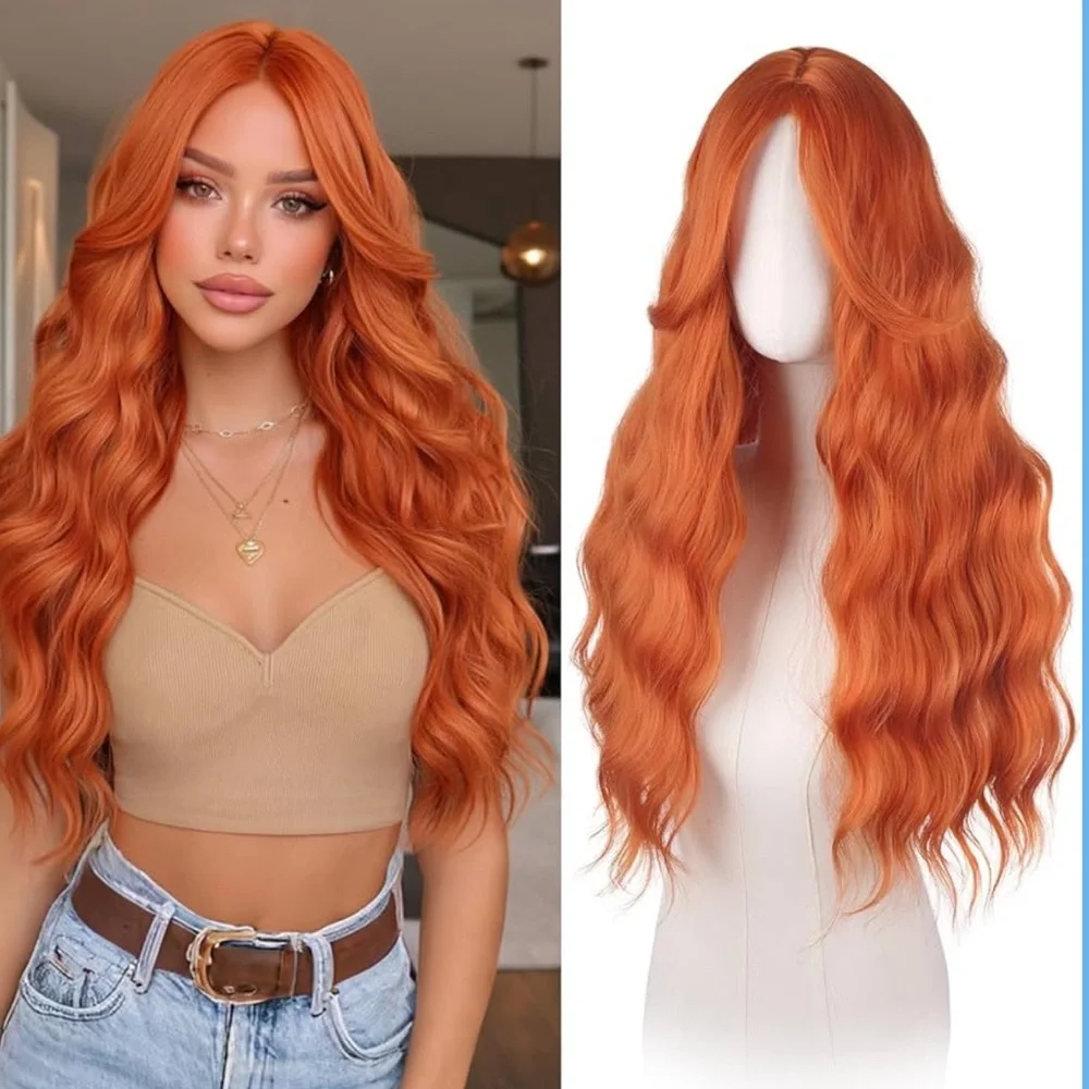 Halo Ginger Auburn Long Wavy Wig with Curtain Bangs Natural Middle Part 26”NWT
